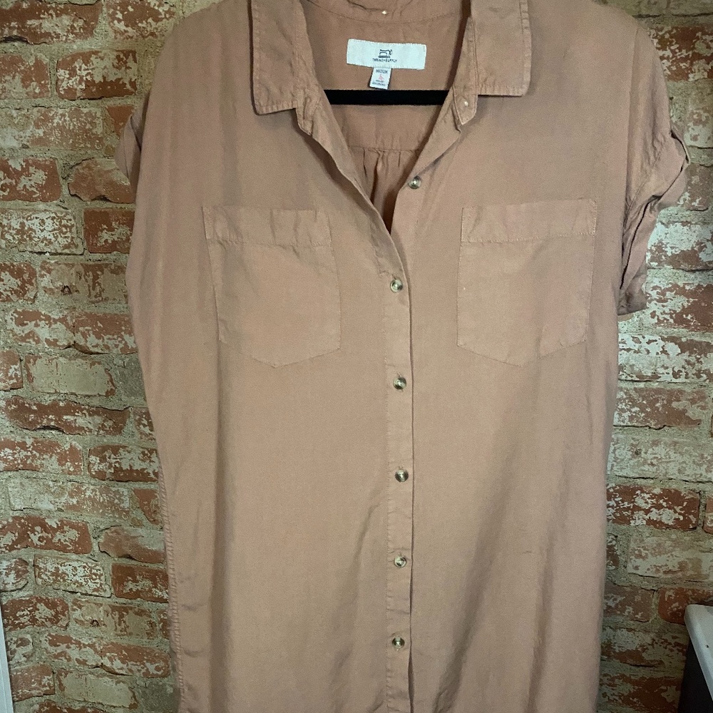 Thread & Supply Dusty Rose Raw Hem Button Up dre